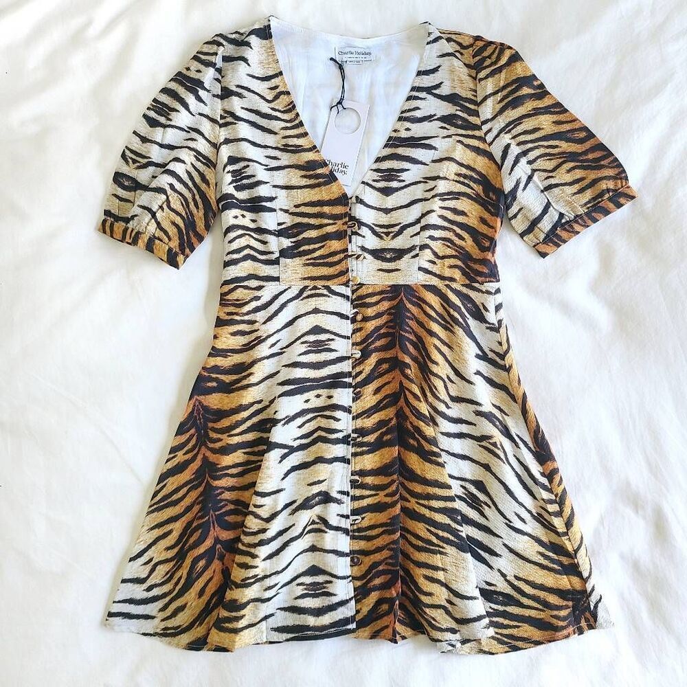 Charlie Holiday Women's Size 6 Brown Avoca V-Neck Animal Print Mini Dress